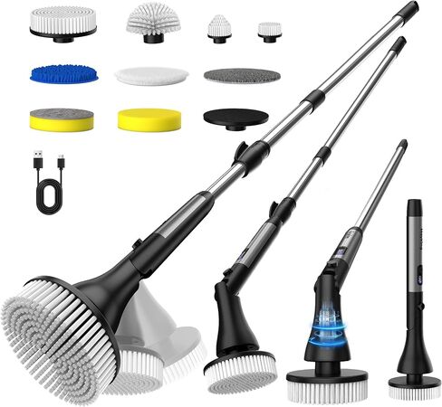 MayKing Electric Spin Scrubber with 9 Brush Heads, 3-Angle & 4-Length Adjustable Cordless Power Scrubber, 3-Speed & Battery LED Display, Electric Scrubber for Cleaning Bathroom Bathtub Floor Tiles in Saudi Arabia