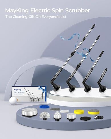 MayKing Electric Spin Scrubber with 9 Brush Heads, 3-Angle & 4-Length Adjustable Cordless Power Scrubber, 3-Speed & Battery LED Display, Electric Scrubber for Cleaning Bathroom Bathtub Floor Tiles in Saudi Arabia