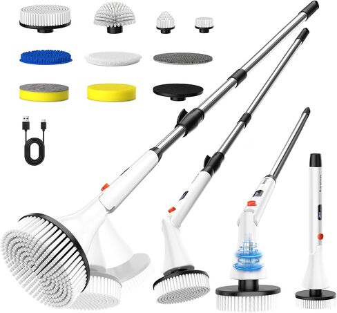 MayKing Electric Spin Scrubber with 9 Brush Heads, 3-Angle & 4-Length Adjustable Cordless Power Scrubber, 3-Speed & Battery LED Display, Electric Scrubber for Cleaning Bathroom Bathtub Floor Tiles in Kuwait