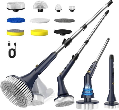 MayKing Electric Spin Scrubber with 9 Brush Heads, 3-Angle & 4-Length Adjustable Cordless Power Scrubber, 3-Speed & Battery LED Display, Electric Scrubber for Cleaning Bathroom Bathtub Floor Tiles in Saudi Arabia