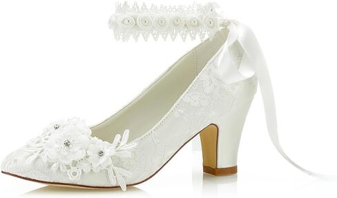 JIAJIA 62311B المرأة أحذية الزفاف مغلق اصبع القدم 2.7 "كعب مكتنز الدانتيل الساتان مضخات زهرة الساتان شريط التعادل أحذية الزفاف in Kuwait