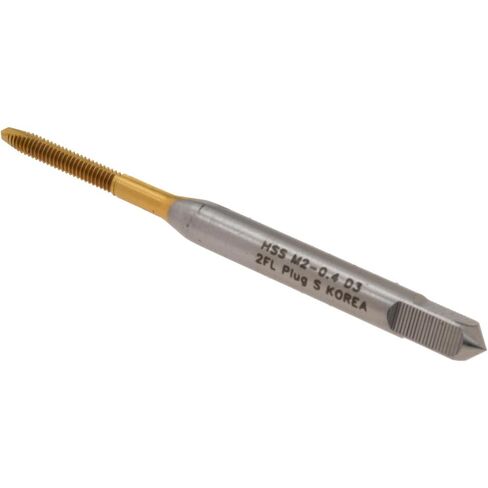 Hertel Spiral Point Tap, M2x0.4 Metric Coarse, 2 Flutes, Plug Chamfer, 6H Class of Fit, HSS, TiN Coated, 7/16" Thread Length, Right Hand, D3, 1-3/4" OAL in Saudi Arabia