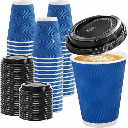 Clawsoff 100 Pack 12 oz Coffee Cups with Lids Disposable Insulated Cup Navy | To Go Paper Cups, Insulated Ripple Wall, Hot/Cold Beverage, 3 Layers Thickened Paper, for Office, Home, Party, Travel, Event in Kuwait