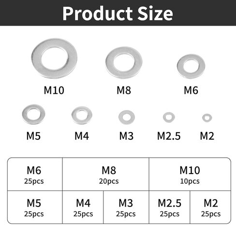 304 Stainless Steel Flat Washer Assortment Kit 180-Piece, 8 Sizes (M2-M10), for Bolts, Screws & General Hardware Repairs in Saudi Arabia
