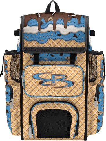 Boombah Superpack Bat Bag - Backpack Version (no wheels) - Holds 4 Bats - Ice Cream Monster Cookie Gold/Columbia Blue/Brown in Saudi Arabia