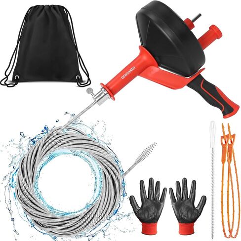 DEWINNER مثقاب الصرف، ثعبان الصرف مع محول الحفر، 10 متر / 33 قدم ثعبان السباكة المرن يستخدم يدويًا أو يعمل بالطاقة للمطبخ والحمام وحوض الدش مع قفازات in Kuwait