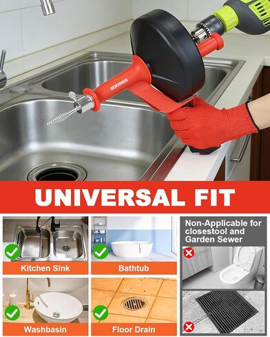 DEWINNER مثقاب الصرف، ثعبان الصرف مع محول الحفر، 10 متر / 33 قدم ثعبان السباكة المرن يستخدم يدويًا أو يعمل بالطاقة للمطبخ والحمام وحوض الدش مع قفازات in Kuwait