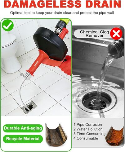 DEWINNER مثقاب الصرف، ثعبان الصرف مع محول الحفر، 10 متر / 33 قدم ثعبان السباكة المرن يستخدم يدويًا أو يعمل بالطاقة للمطبخ والحمام وحوض الدش مع قفازات in Kuwait