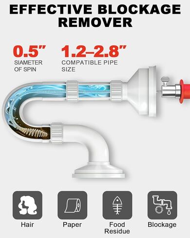 DEWINNER مثقاب الصرف، ثعبان الصرف مع محول الحفر، 10 متر / 33 قدم ثعبان السباكة المرن يستخدم يدويًا أو يعمل بالطاقة للمطبخ والحمام وحوض الدش مع قفازات in Kuwait