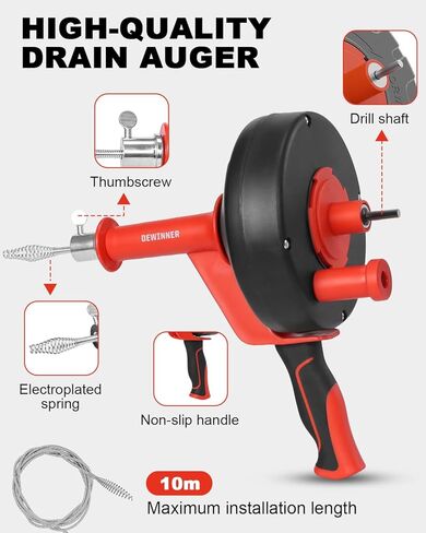 DEWINNER مثقاب الصرف، ثعبان الصرف مع محول الحفر، 10 متر / 33 قدم ثعبان السباكة المرن يستخدم يدويًا أو يعمل بالطاقة للمطبخ والحمام وحوض الدش مع قفازات in Kuwait