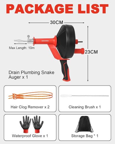 DEWINNER مثقاب الصرف، ثعبان الصرف مع محول الحفر، 10 متر / 33 قدم ثعبان السباكة المرن يستخدم يدويًا أو يعمل بالطاقة للمطبخ والحمام وحوض الدش مع قفازات in Kuwait