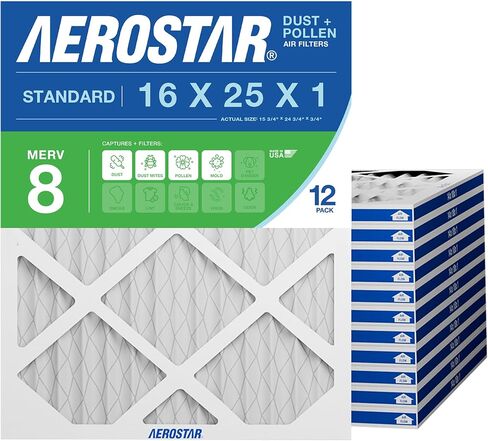 Aerostar 16x25x1 MERV 8 Pleated Air Filter, Dust and Pollen Control (12 Pack), AC Furnace HVAC Replacement, MPR 600 FPR 5, Made in USA (15.75 x 24.75 x 0.75) in Saudi Arabia