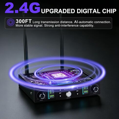 Wireless Microphone System, Upgraded 2.4GHz Rechargeable Professional AI Automatic Channel Connection Metal Wireless Microphones with 400ft Receiving Distance for Singing Karaoke DJ Church in Saudi Arabia