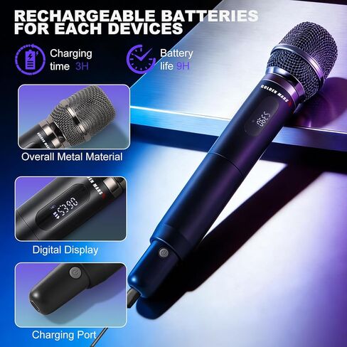 Wireless Microphone System, Upgraded 2.4GHz Rechargeable Professional AI Automatic Channel Connection Metal Wireless Microphones with 400ft Receiving Distance for Singing Karaoke DJ Church in Saudi Arabia