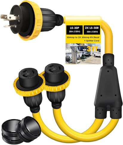 NEMA L5-30P إلى 2X L5-30R سلك مقسم طاقة Y 30 أمبير، قابس ذكر 30 أمبير × (2) مخرج طاقة بحرية أنثى 30 أمبير مع حلقات قفل للقوارب البحرية واليخوت والمركبات الترفيهية وETL المدرجة 3FT in Kuwait