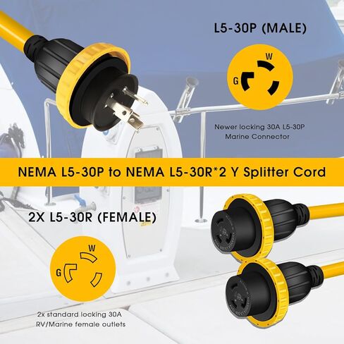 NEMA L5-30P إلى 2X L5-30R سلك مقسم طاقة Y 30 أمبير، قابس ذكر 30 أمبير × (2) مخرج طاقة بحرية أنثى 30 أمبير مع حلقات قفل للقوارب البحرية واليخوت والمركبات الترفيهية وETL المدرجة 3FT in Kuwait