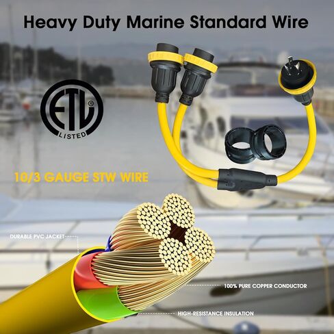 NEMA L5-30P إلى 2X L5-30R سلك مقسم طاقة Y 30 أمبير، قابس ذكر 30 أمبير × (2) مخرج طاقة بحرية أنثى 30 أمبير مع حلقات قفل للقوارب البحرية واليخوت والمركبات الترفيهية وETL المدرجة 3FT in Kuwait