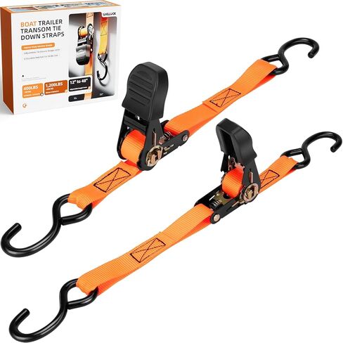 WELLUCK Boat Trailer Transom Tie Down Straps 2400 LBS, 1 Inch x 4 FT Heavy Duty Retractable Ratchet Straps Tie Downs to Trailer Marine Jet Ski Pontoon, with Quick Release Buckle & Anti-Scratch Hooks in Kuwait