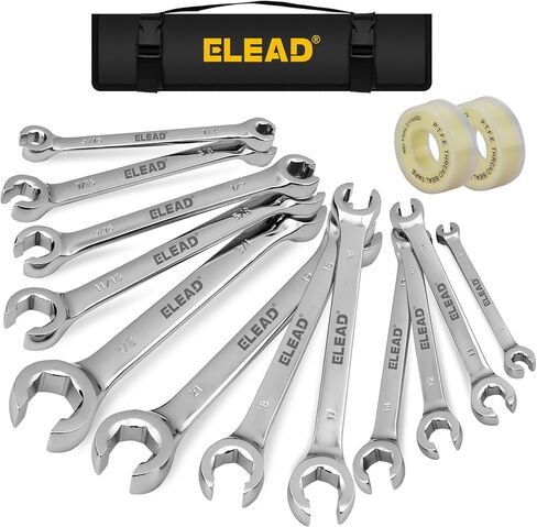 مجموعة مفاتيح ربط صواميل مضيئة مكونة من 14 قطعة من ELEAD مع شريط PTFE، متري وSAE 1/4"-7/8" و6-21 مم، مجموعة مفاتيح ربط خط الفرامل ذات نهاية مفتوحة مزدوجة مع حقيبة منظمة لإصلاح وإزالة الصواميل in Saudi Arabia