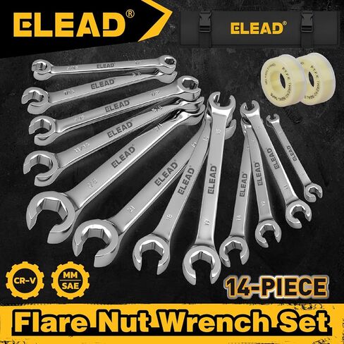 مجموعة مفاتيح ربط صواميل مضيئة مكونة من 14 قطعة من ELEAD مع شريط PTFE، متري وSAE 1/4"-7/8" و6-21 مم، مجموعة مفاتيح ربط خط الفرامل ذات نهاية مفتوحة مزدوجة مع حقيبة منظمة لإصلاح وإزالة الصواميل in Saudi Arabia