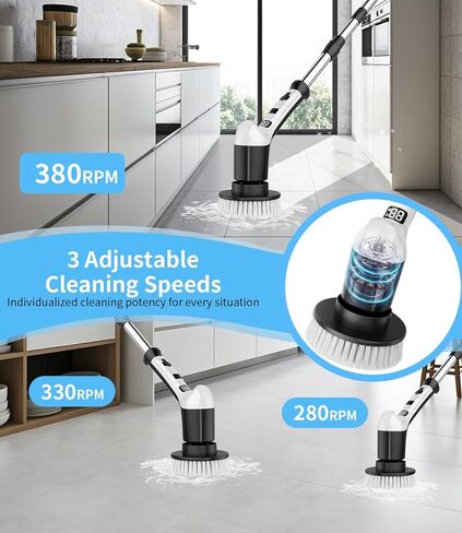 Electric Spin Scrubber with 3 Speed, Adjustable Extension Handle, 8 Brush Heads,Cordless Power Cleaning Brush for Bathroom, Tile, Kitchen-Black in Saudi Arabia