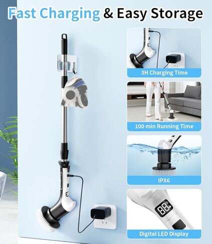 Electric Spin Scrubber with 3 Speed, Adjustable Extension Handle, 8 Brush Heads,Cordless Power Cleaning Brush for Bathroom, Tile, Kitchen-Black in Saudi Arabia