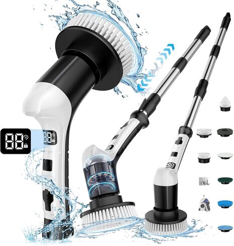 Electric Spin Scrubber with 3 Speed, Adjustable Extension Handle, 8 Brush Heads,Cordless Power Cleaning Brush for Bathroom, Tile, Kitchen-Black in Saudi Arabia