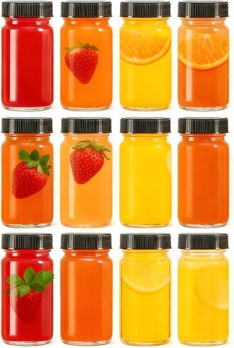12 Pack 2 oz Glass Shot Mini Bottles with Black Lids - Reusable Leakage-Proof Small Clear Jar for Ginger, Wellness Shot, Juice, Sample, Whiskey, Essentials - Wide Mouth Containers, Dishwasher Safe in Saudi Arabia