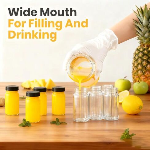 12 Pack 2 oz Glass Shot Mini Bottles with Black Lids - Reusable Leakage-Proof Small Clear Jar for Ginger, Wellness Shot, Juice, Sample, Whiskey, Essentials - Wide Mouth Containers, Dishwasher Safe in Saudi Arabia