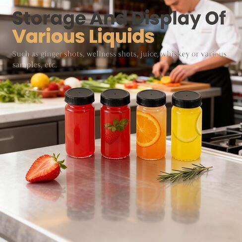 12 Pack 2 oz Glass Shot Mini Bottles with Black Lids - Reusable Leakage-Proof Small Clear Jar for Ginger, Wellness Shot, Juice, Sample, Whiskey, Essentials - Wide Mouth Containers, Dishwasher Safe in Saudi Arabia