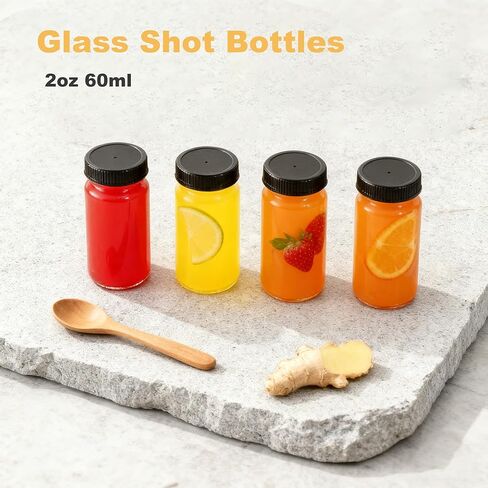 12 Pack 2 oz Glass Shot Mini Bottles with Black Lids - Reusable Leakage-Proof Small Clear Jar for Ginger, Wellness Shot, Juice, Sample, Whiskey, Essentials - Wide Mouth Containers, Dishwasher Safe in Saudi Arabia