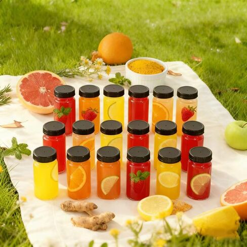 12 Pack 2 oz Glass Shot Mini Bottles with Black Lids - Reusable Leakage-Proof Small Clear Jar for Ginger, Wellness Shot, Juice, Sample, Whiskey, Essentials - Wide Mouth Containers, Dishwasher Safe in Saudi Arabia
