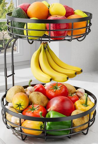 Sakugi Fruit Basket for Kitchen Counter - 2-Tier Large Capacity Fruit Bowl with Detachable Banana Hanger, Rust-Proof Metal Fruit Holder for Vegetables, Bread, Toiletry,10" D x 10" W x 14" H, Black in Saudi Arabia
