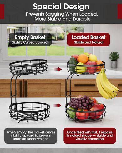 Sakugi Fruit Basket for Kitchen Counter - 2-Tier Large Capacity Fruit Bowl with Detachable Banana Hanger, Rust-Proof Metal Fruit Holder for Vegetables, Bread, Toiletry,10" D x 10" W x 14" H, Black in Saudi Arabia