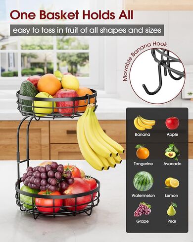 Sakugi Fruit Basket for Kitchen Counter - 2-Tier Large Capacity Fruit Bowl with Detachable Banana Hanger, Rust-Proof Metal Fruit Holder for Vegetables, Bread, Toiletry,10" D x 10" W x 14" H, Black in Saudi Arabia
