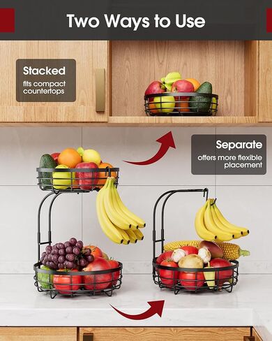 Sakugi Fruit Basket for Kitchen Counter - 2-Tier Large Capacity Fruit Bowl with Detachable Banana Hanger, Rust-Proof Metal Fruit Holder for Vegetables, Bread, Toiletry,10" D x 10" W x 14" H, Black in Saudi Arabia