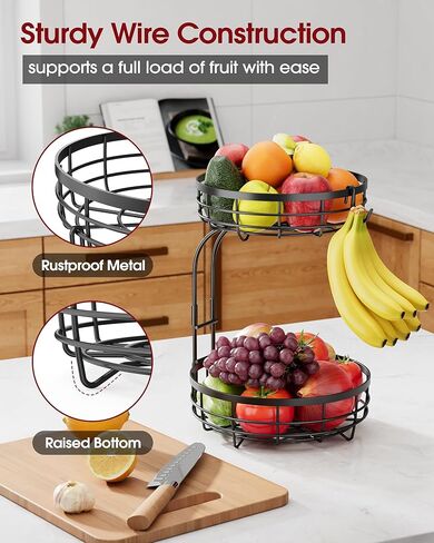 Sakugi Fruit Basket for Kitchen Counter - 2-Tier Large Capacity Fruit Bowl with Detachable Banana Hanger, Rust-Proof Metal Fruit Holder for Vegetables, Bread, Toiletry,10" D x 10" W x 14" H, Black in Saudi Arabia