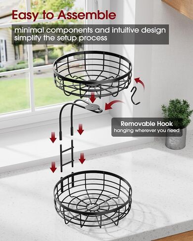 Sakugi Fruit Basket for Kitchen Counter - 2-Tier Large Capacity Fruit Bowl with Detachable Banana Hanger, Rust-Proof Metal Fruit Holder for Vegetables, Bread, Toiletry,10" D x 10" W x 14" H, Black in Saudi Arabia