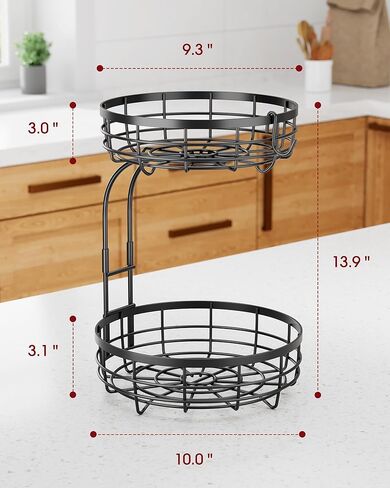 Sakugi Fruit Basket for Kitchen Counter - 2-Tier Large Capacity Fruit Bowl with Detachable Banana Hanger, Rust-Proof Metal Fruit Holder for Vegetables, Bread, Toiletry,10" D x 10" W x 14" H, Black in Saudi Arabia