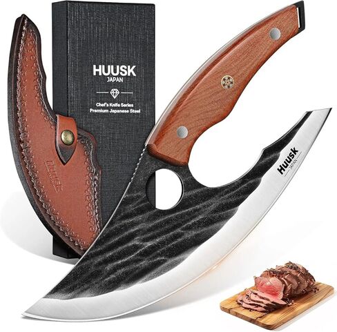 Huusk Japan Ulu Knife with Sheath - Christmas Gift for Men and Women - Hand Forged Caveman Ultimo Knife with Full Tang Wooden Handle - BBQ Knives for Vegetables, Fruit, Pizza in Saudi Arabia