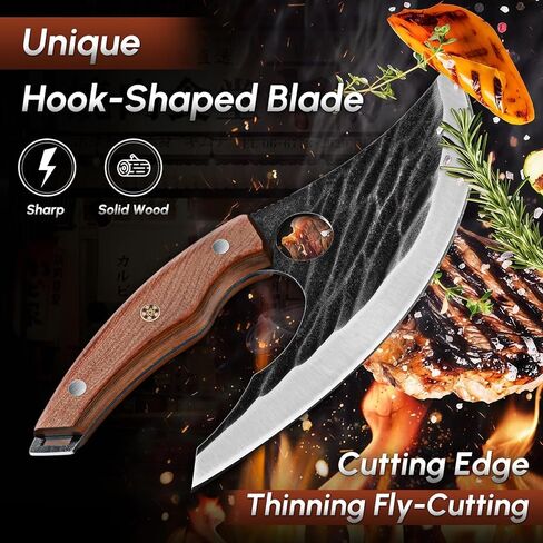 Huusk Japan Ulu Knife with Sheath - Christmas Gift for Men and Women - Hand Forged Caveman Ultimo Knife with Full Tang Wooden Handle - BBQ Knives for Vegetables, Fruit, Pizza in Saudi Arabia