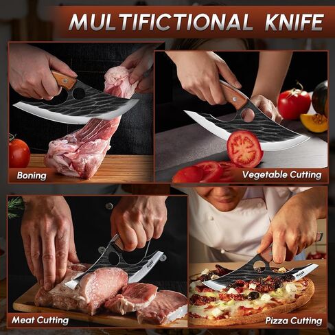 Huusk Japan Ulu Knife with Sheath - Christmas Gift for Men and Women - Hand Forged Caveman Ultimo Knife with Full Tang Wooden Handle - BBQ Knives for Vegetables, Fruit, Pizza in Saudi Arabia