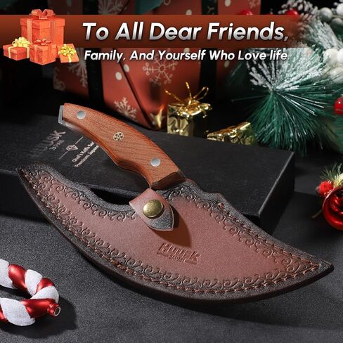 Huusk Japan Ulu Knife with Sheath - Christmas Gift for Men and Women - Hand Forged Caveman Ultimo Knife with Full Tang Wooden Handle - BBQ Knives for Vegetables, Fruit, Pizza in Saudi Arabia