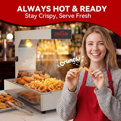 CROSSON French Fry Food Warmer, Commercial French Fry Heat Lamp Electric Stainless Steel Fries Dump Station Countertop 5-Level Adjustable Heating Duration for Food Truck Restaurant Parties 600W in Kuwait