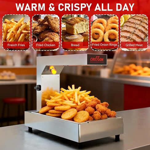 CROSSON French Fry Food Warmer, Commercial French Fry Heat Lamp Electric Stainless Steel Fries Dump Station Countertop 5-Level Adjustable Heating Duration for Food Truck Restaurant Parties 600W in Kuwait