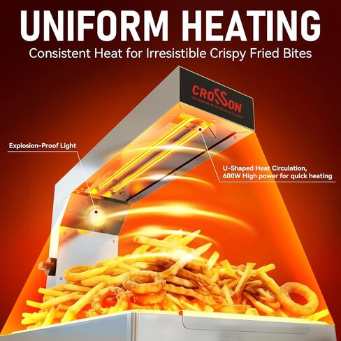 CROSSON French Fry Food Warmer, Commercial French Fry Heat Lamp Electric Stainless Steel Fries Dump Station Countertop 5-Level Adjustable Heating Duration for Food Truck Restaurant Parties 600W in Kuwait