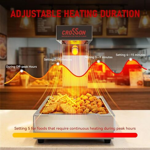 CROSSON French Fry Food Warmer, Commercial French Fry Heat Lamp Electric Stainless Steel Fries Dump Station Countertop 5-Level Adjustable Heating Duration for Food Truck Restaurant Parties 600W in Kuwait