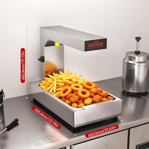 CROSSON French Fry Food Warmer, Commercial French Fry Heat Lamp Electric Stainless Steel Fries Dump Station Countertop 5-Level Adjustable Heating Duration for Food Truck Restaurant Parties 600W in Kuwait