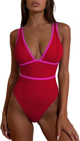 ملابس سباحة نسائية من قطعة واحدة من Geluboao بدلة سباحة ذات لون غامق ورقبة على شكل حرف V عميقة للتحكم في البطن لباس سباحة مونوكيني مثير مثلث الشكل in Kuwait