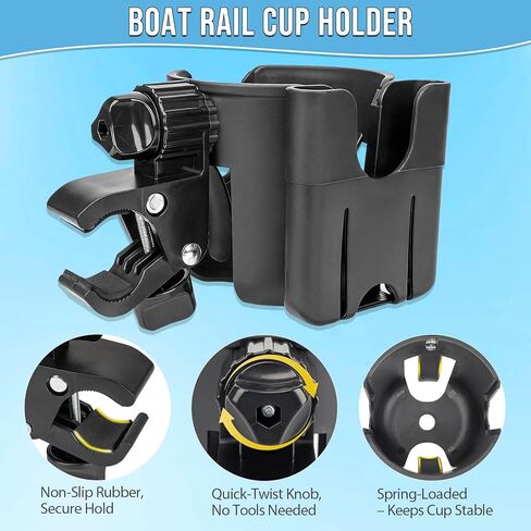 QualyQualy Boat Rail Cup Holder 2 Pack, No-Drill Clamp-On Marine Cup Holders 360° Adjustable for Pontoon Boat, Bimini Top, Grab Bar, PWC, Jet Ski, Fits Round & Square Rails 15-40mm, Boat Gifts for Men in Saudi Arabia